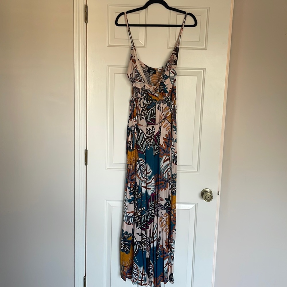 Vici tropical print v neck ruffle jumpsuit, size M